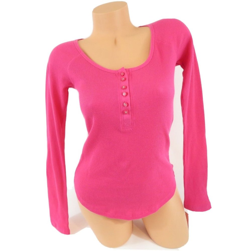 Jenni by Jennifer Moore Pink Knit Waffle Top Round Neck Gem Buttons Size XS